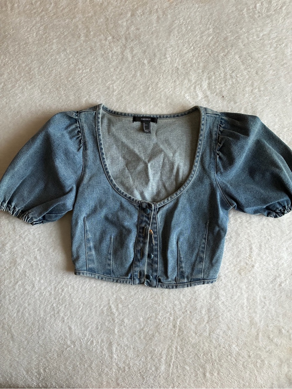 Forever 21 Washed Blue Denim Puff-Sleeve Crop Top
